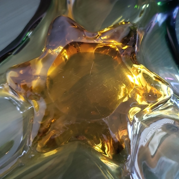 Vintage Handblown Green & Amber Art Glass Mid-Century Modern Art Deco Boho Bowl - Picture 10 of 13